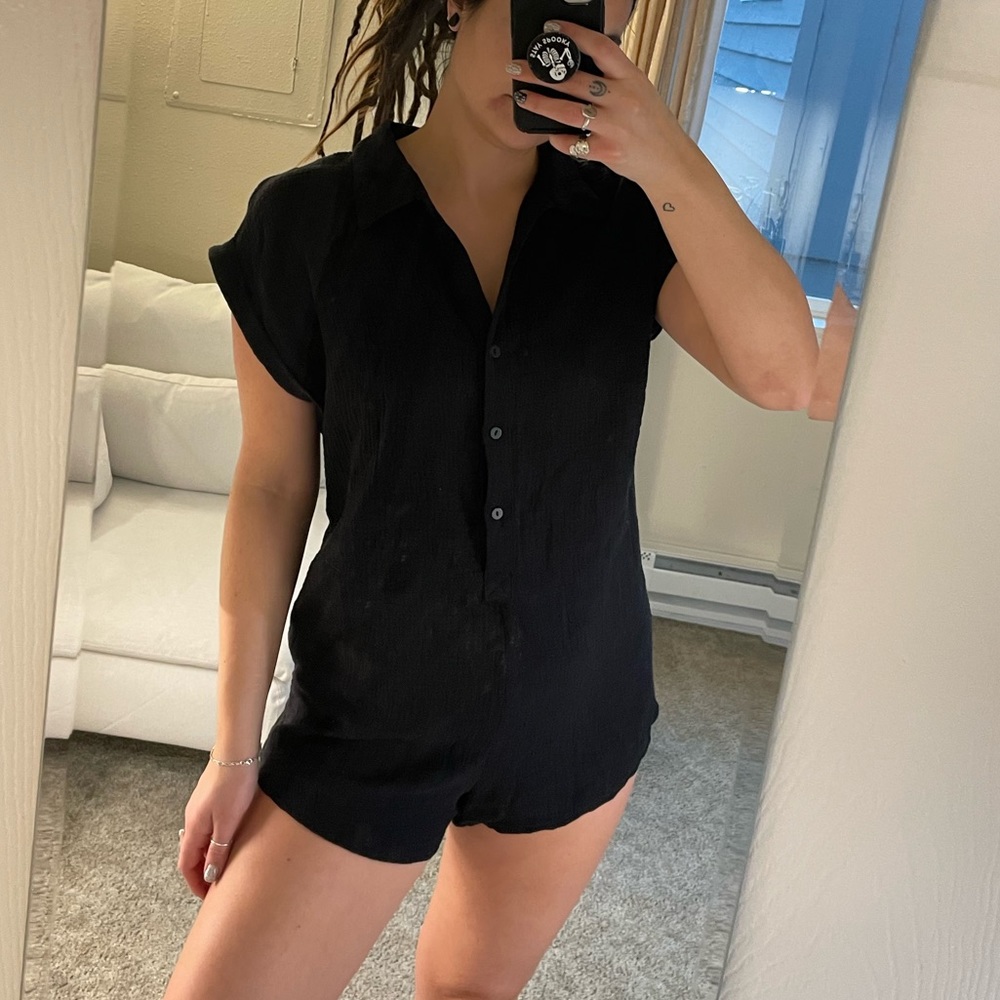 Linens Style Black Romper Short Sleeved Button Up Shorts